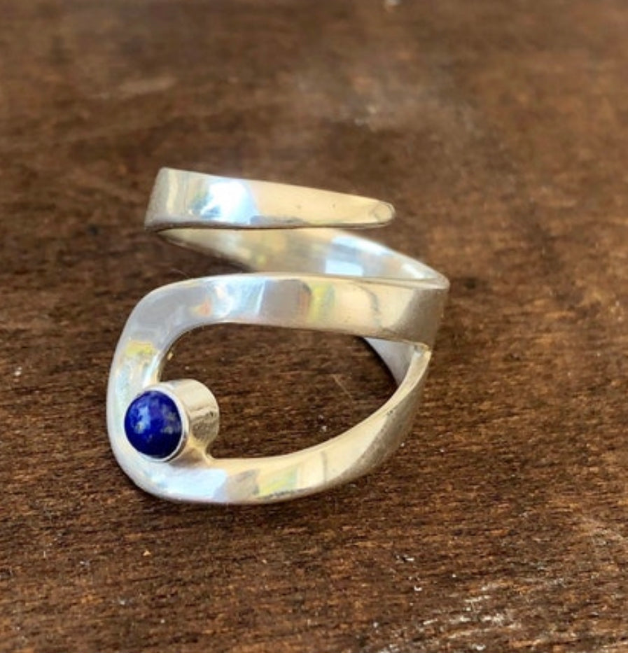 lapis lazuli silver ring, wide adjustable ring