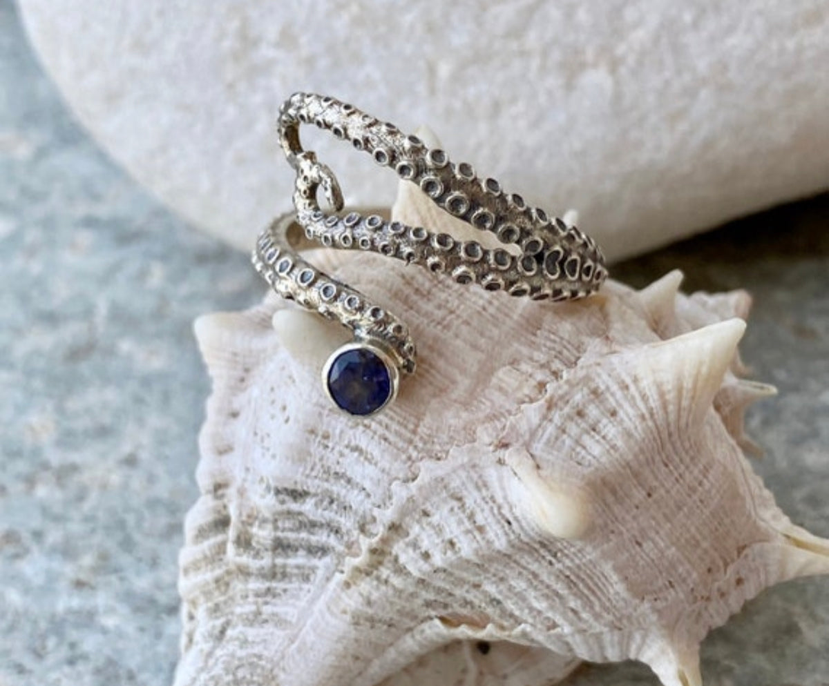 octopus ring iolite gemstone tentacle silver ring