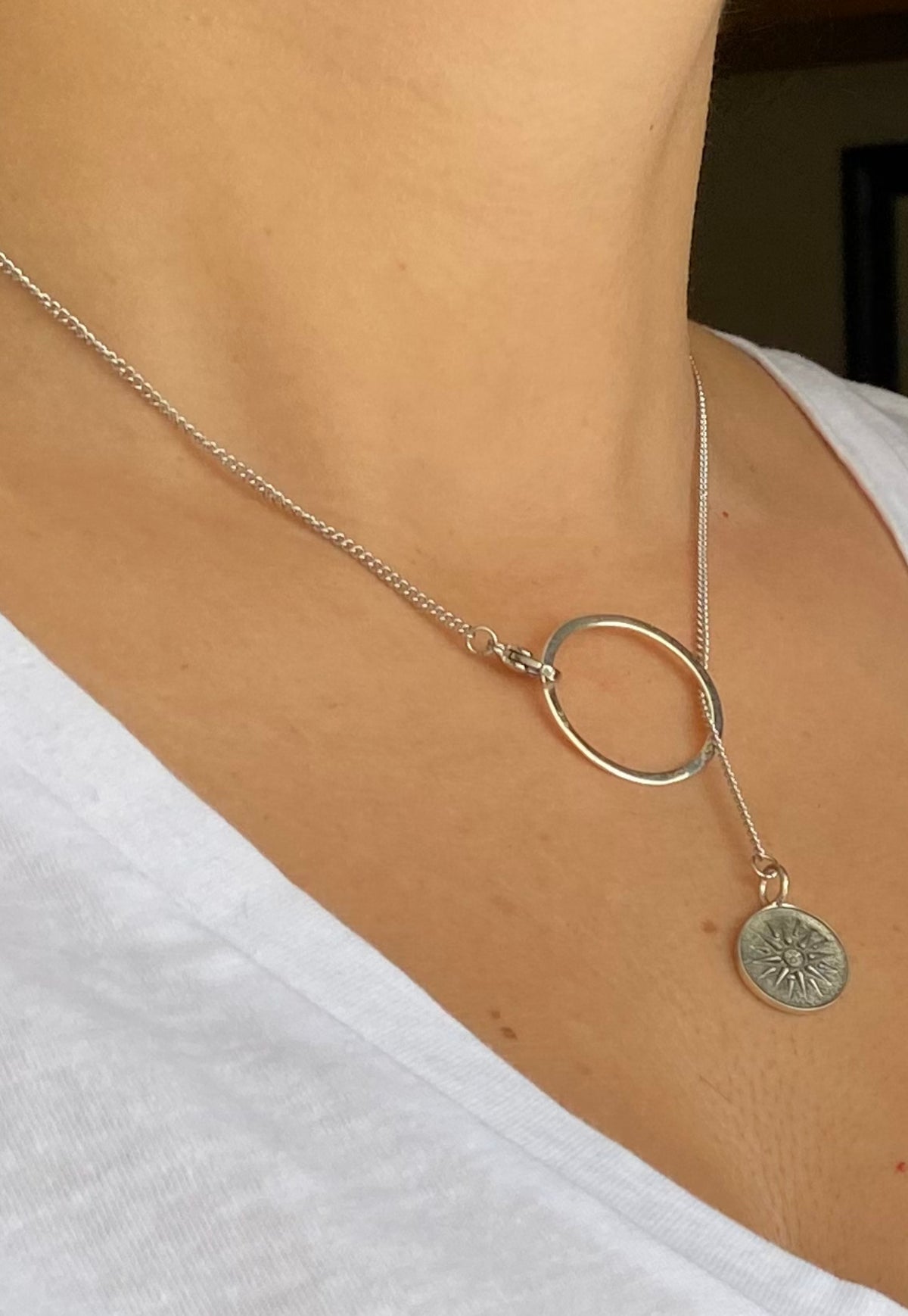 Lariat necklace silver circle with Macedonian star greek necklace