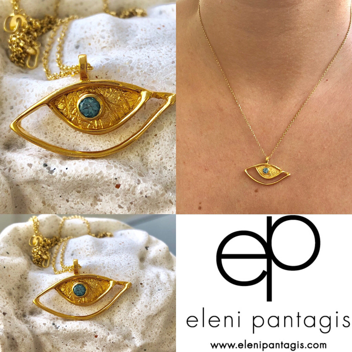 Evil eye pendant gold, sterling silver blue topaz gemstone evil eye 