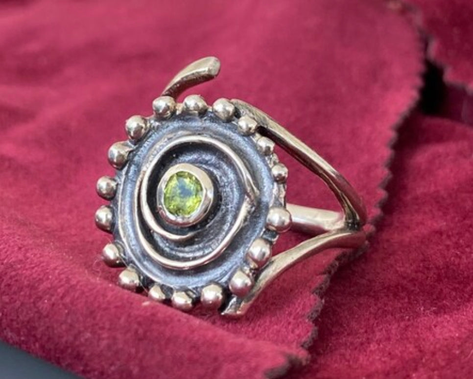 peridot silver statement ring, swirl handmade ring
