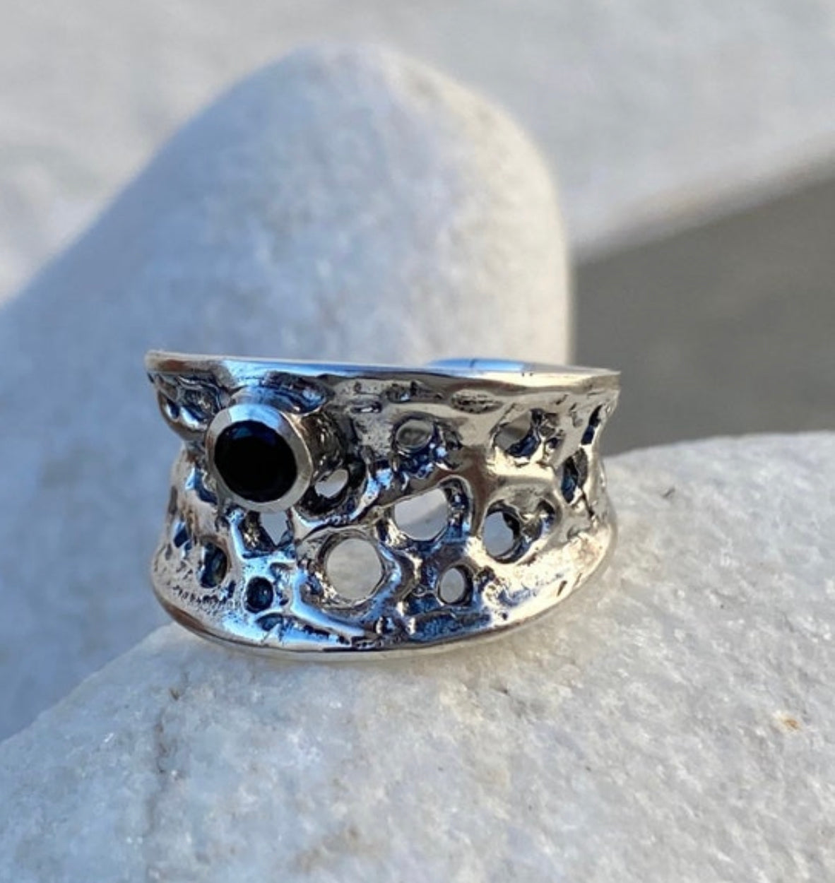 silver with black gemstone, handmade silver ring