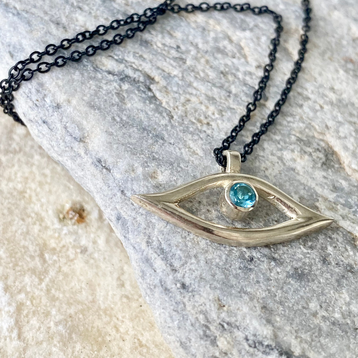 Evil eye necklace blue gem and black stainless steel chain