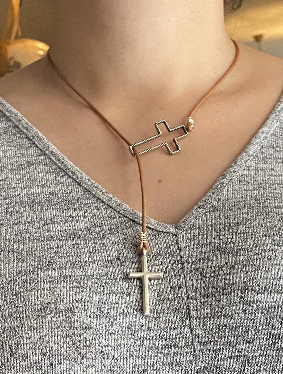 Lariat Silver cross necklace, 2 large silver crosses with brown leather cord