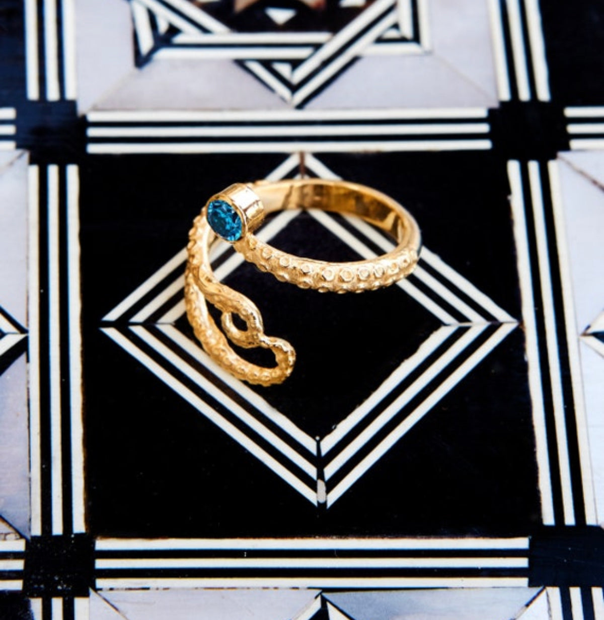 Octopus ring gold and blue gemstone, gold tentacle ring