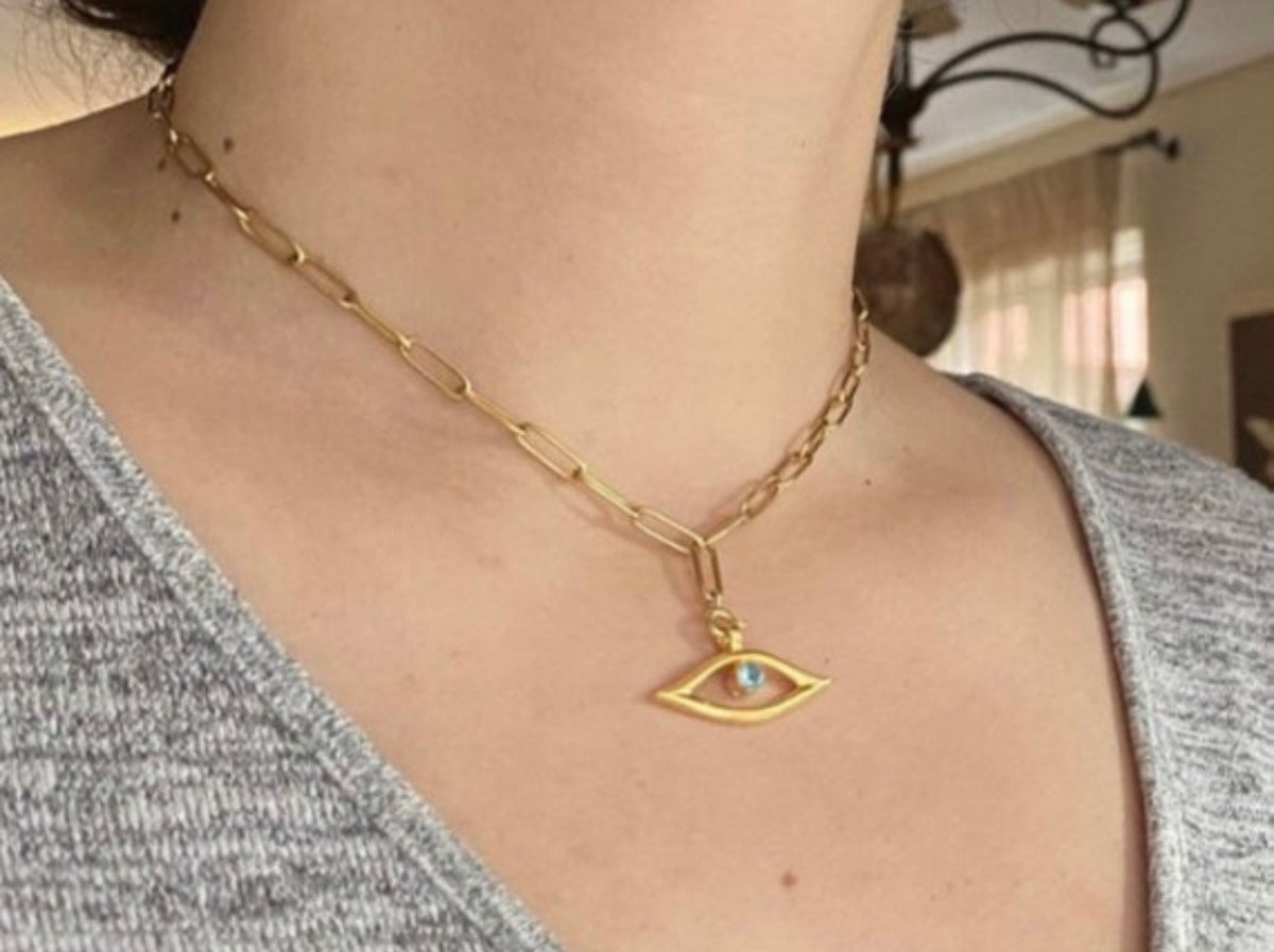 Evil eye necklace gold paperclip stainless steel chain