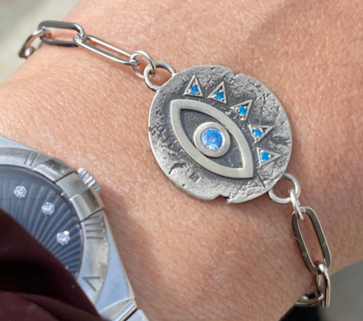 Evil eye bracelet, blue gemstone evil eye bracelet silver