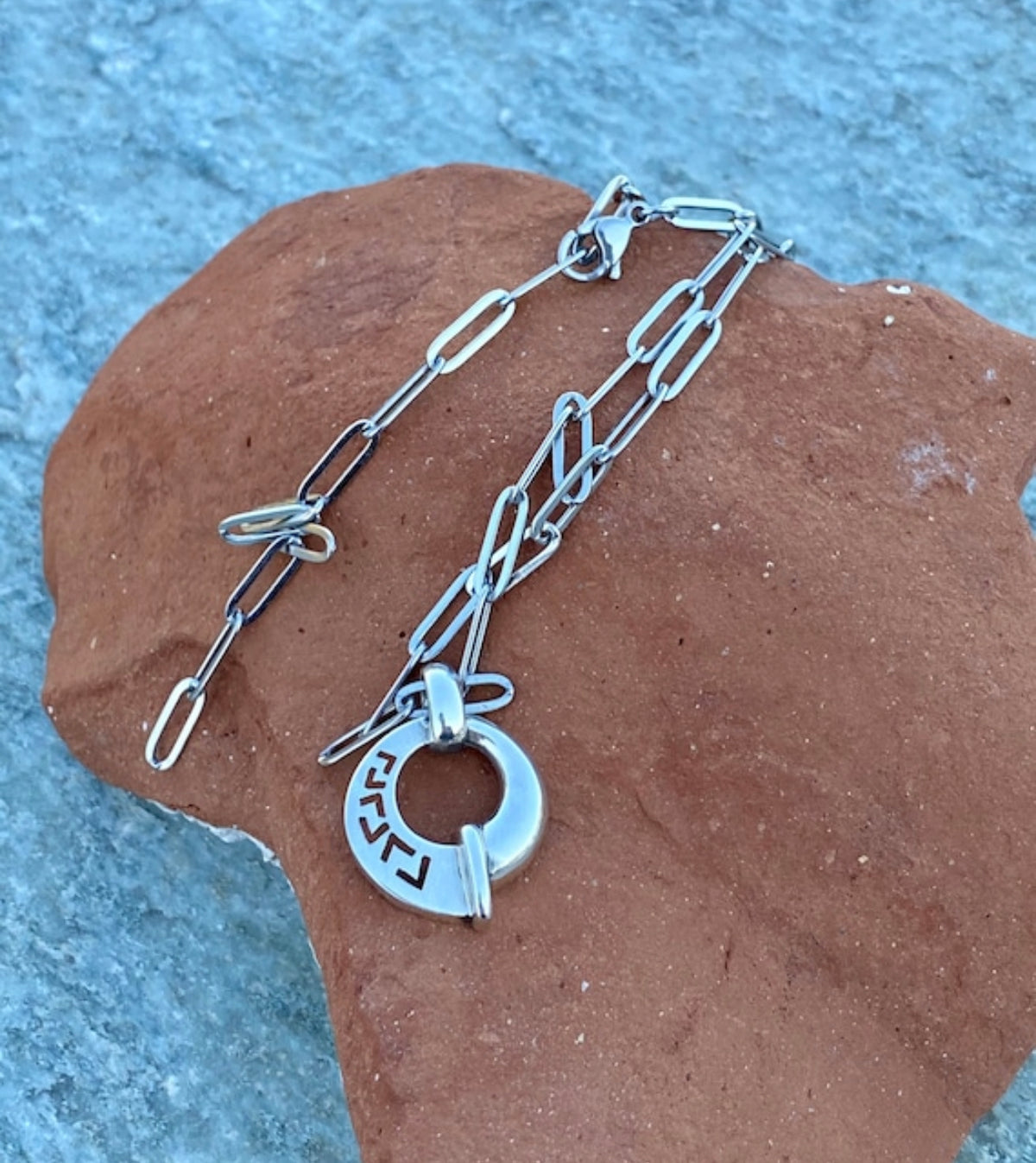 Greek key necklace circle shape with a stainless steel paperclip chain