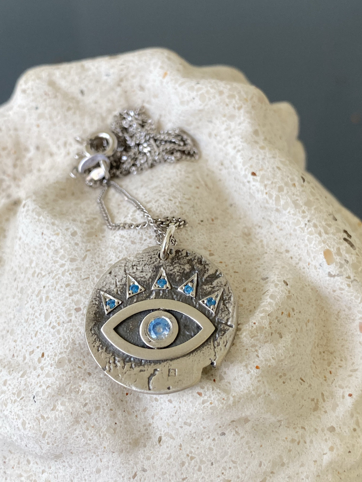 Evil eye necklace coin, evil eye with blue gemstones 