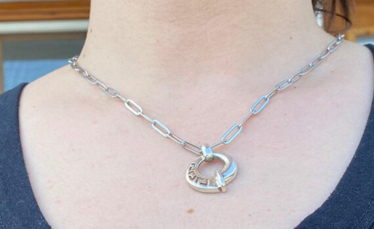 Greek key necklace circle shape with a stainless steel paperclip chain