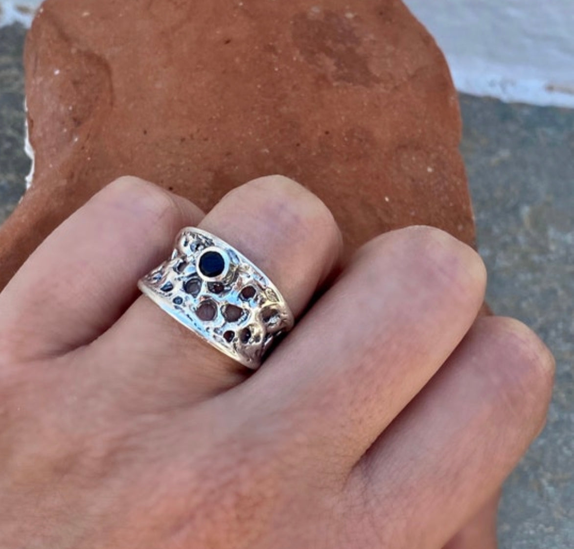 silver with black gemstone, handmade silver ring