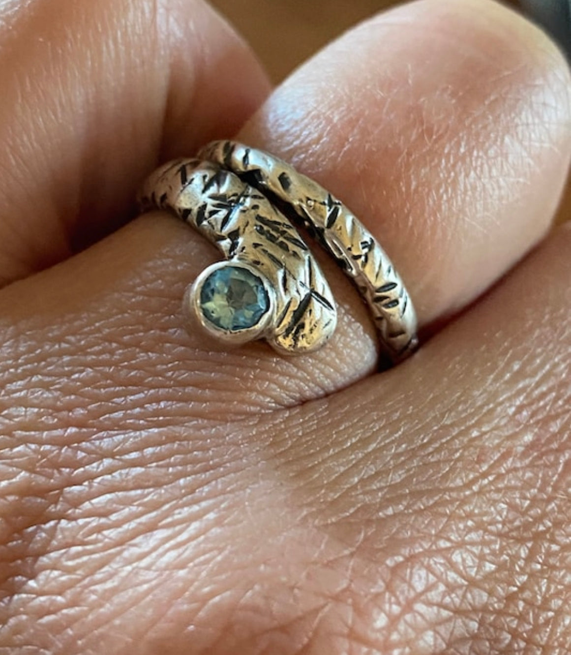 silver spiral ring, blue topaz ring