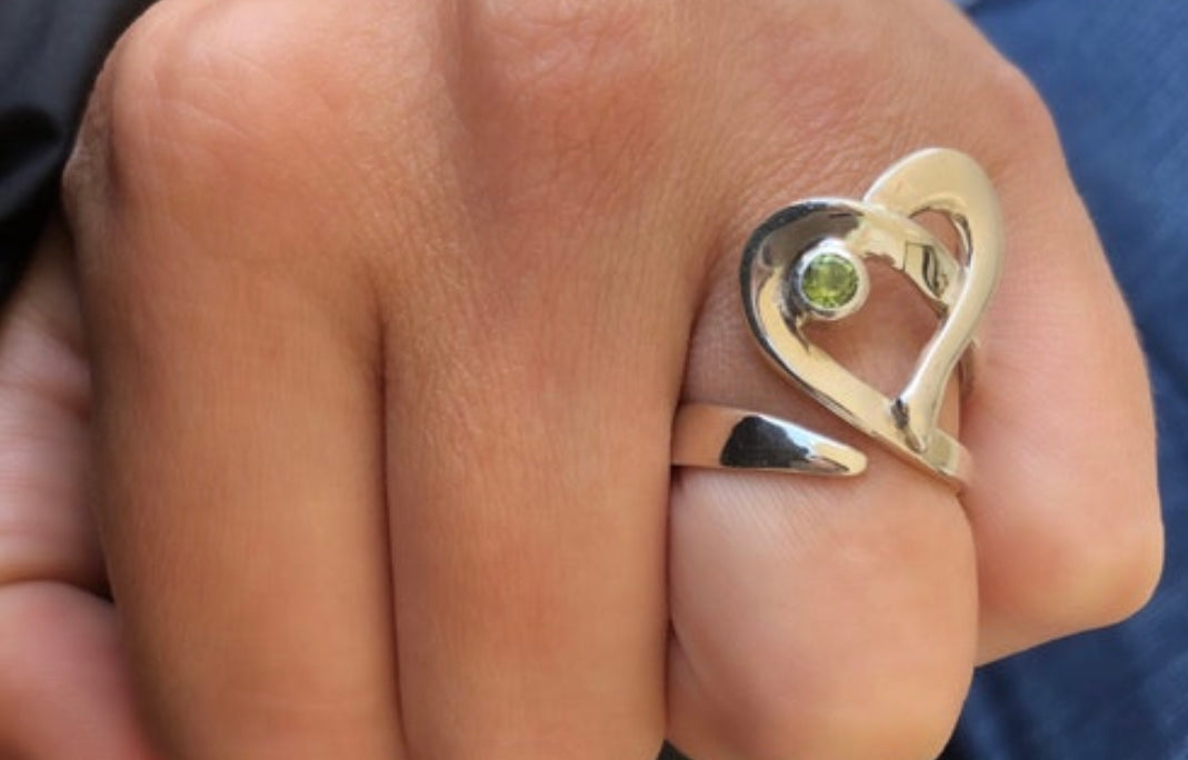 heart ring silver with a peridot gemstone