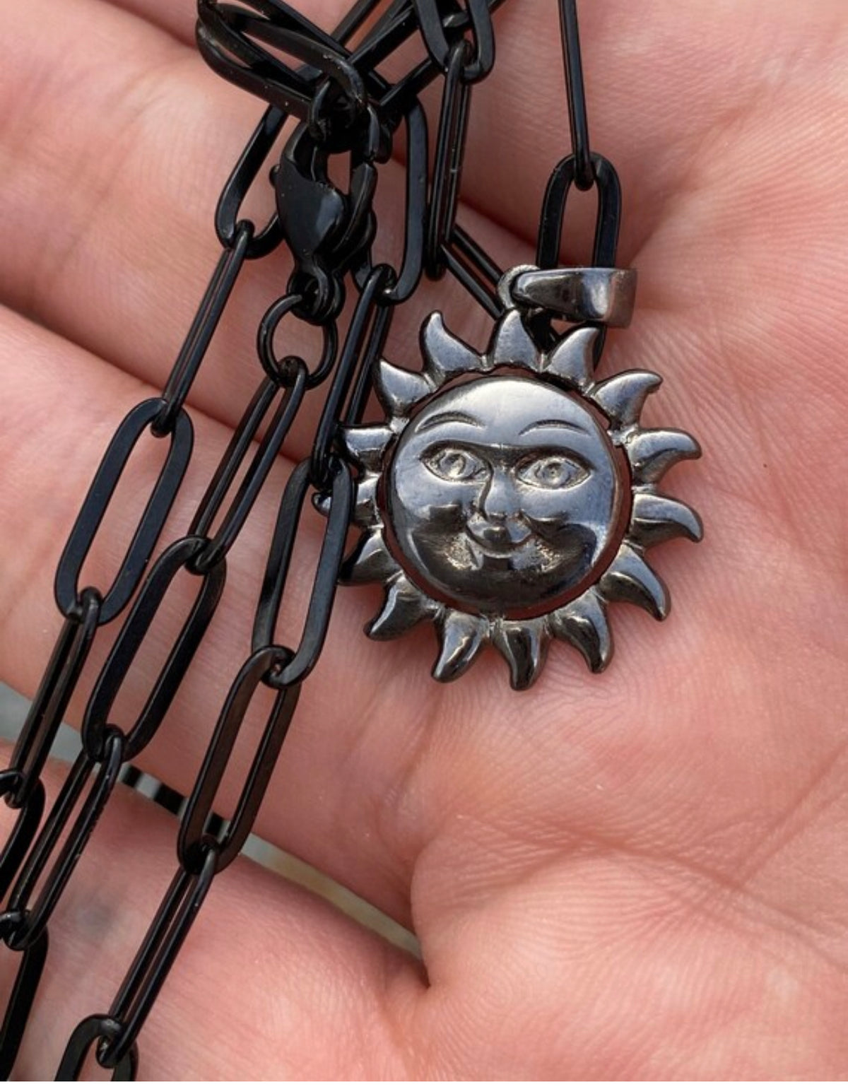 black sun necklace silver smiling sun with paperclip chain