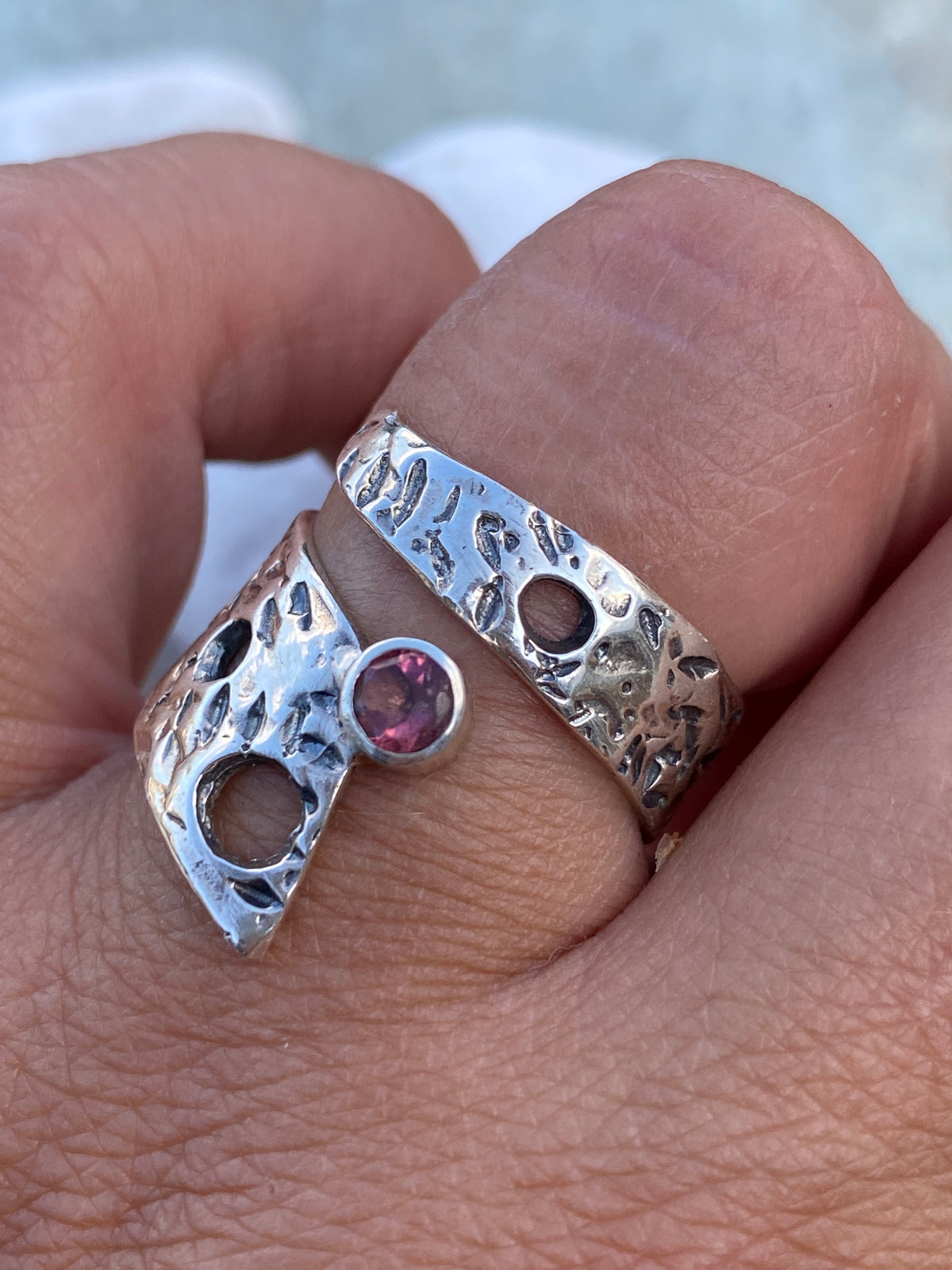wide silver ring adjustable pink tourmaline
