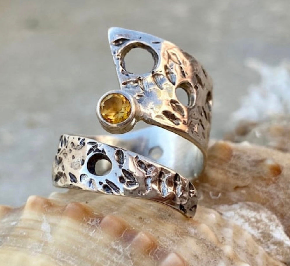 citrine ring silver wide adjustable silver ring