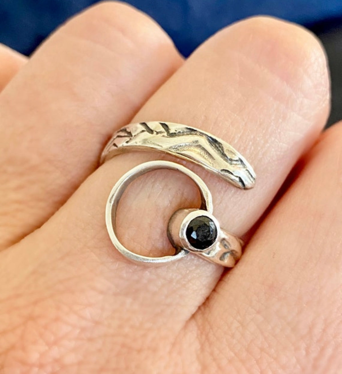 black gemstone ring silver tribal ring circle