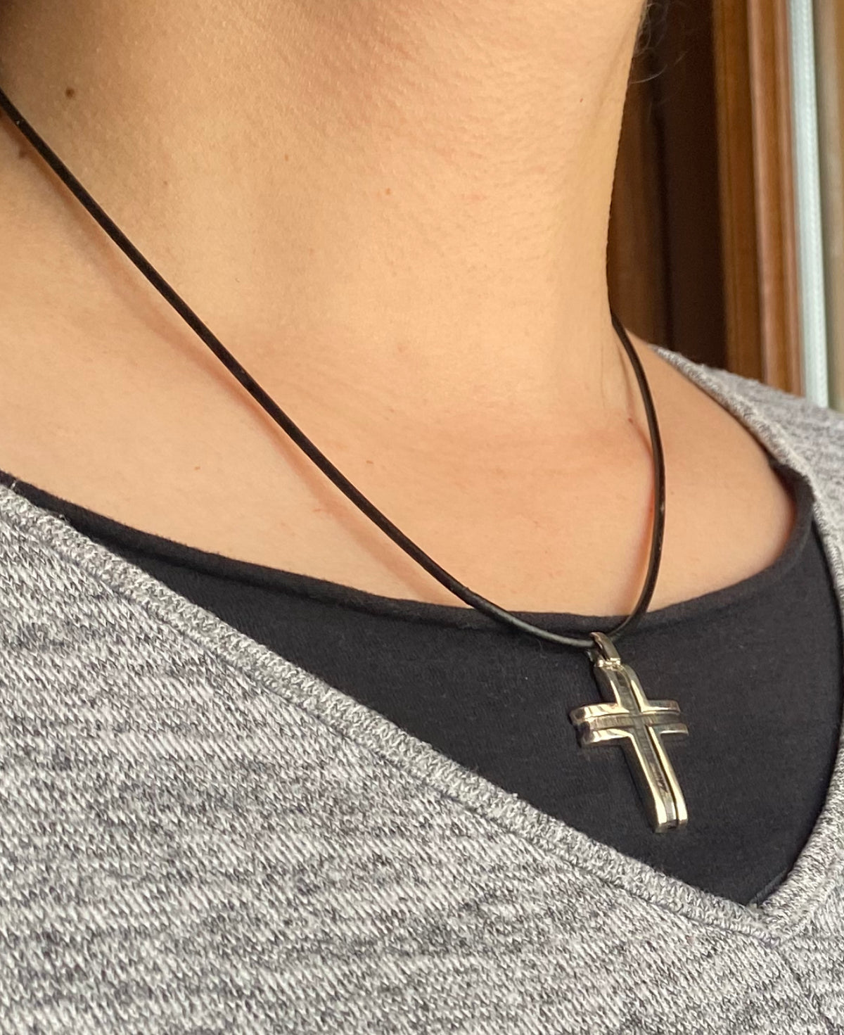 black and silver cross with leather cord, mens silver cross