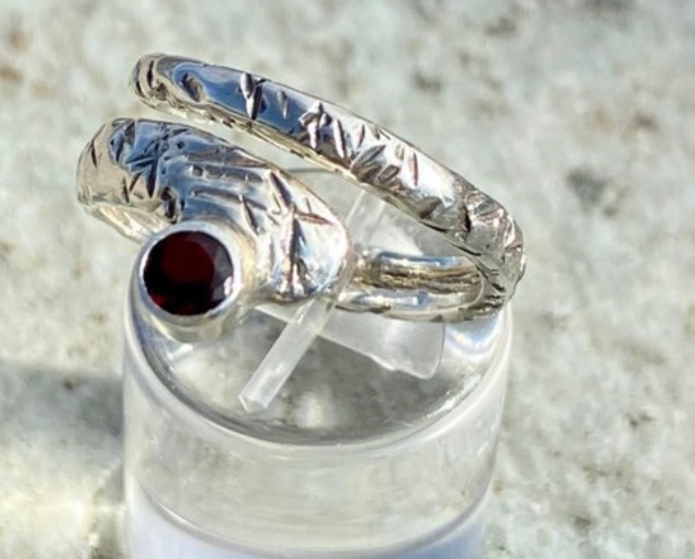 silver spiral ring, garnet ring, January birthstone ring