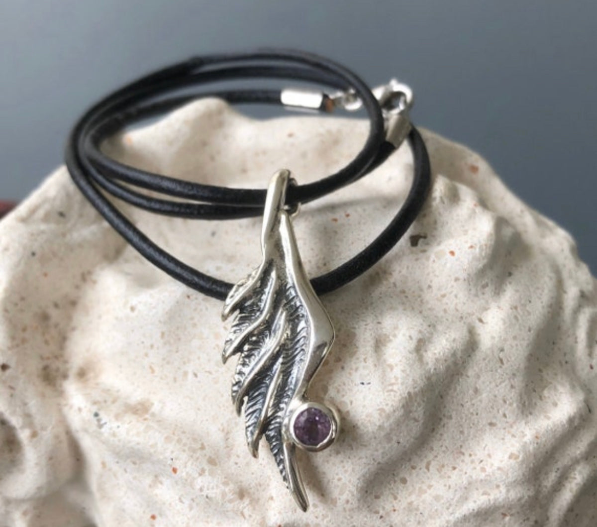 angel wing necklace with amethyst gemstone