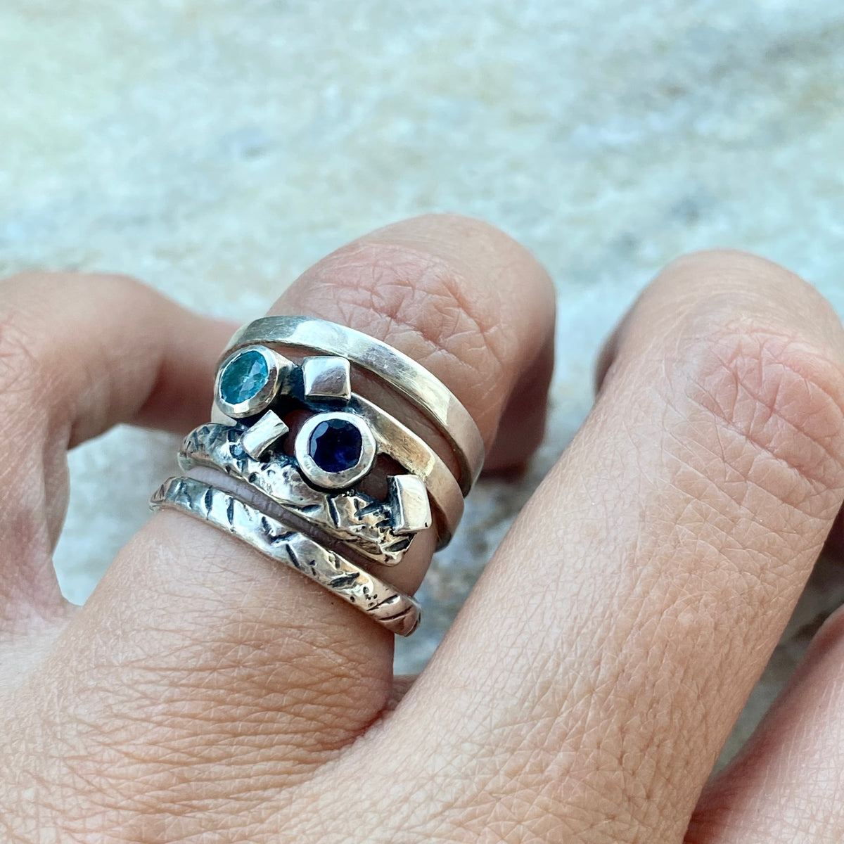 Silver spiral ring with blue gemstones, silver spring ring