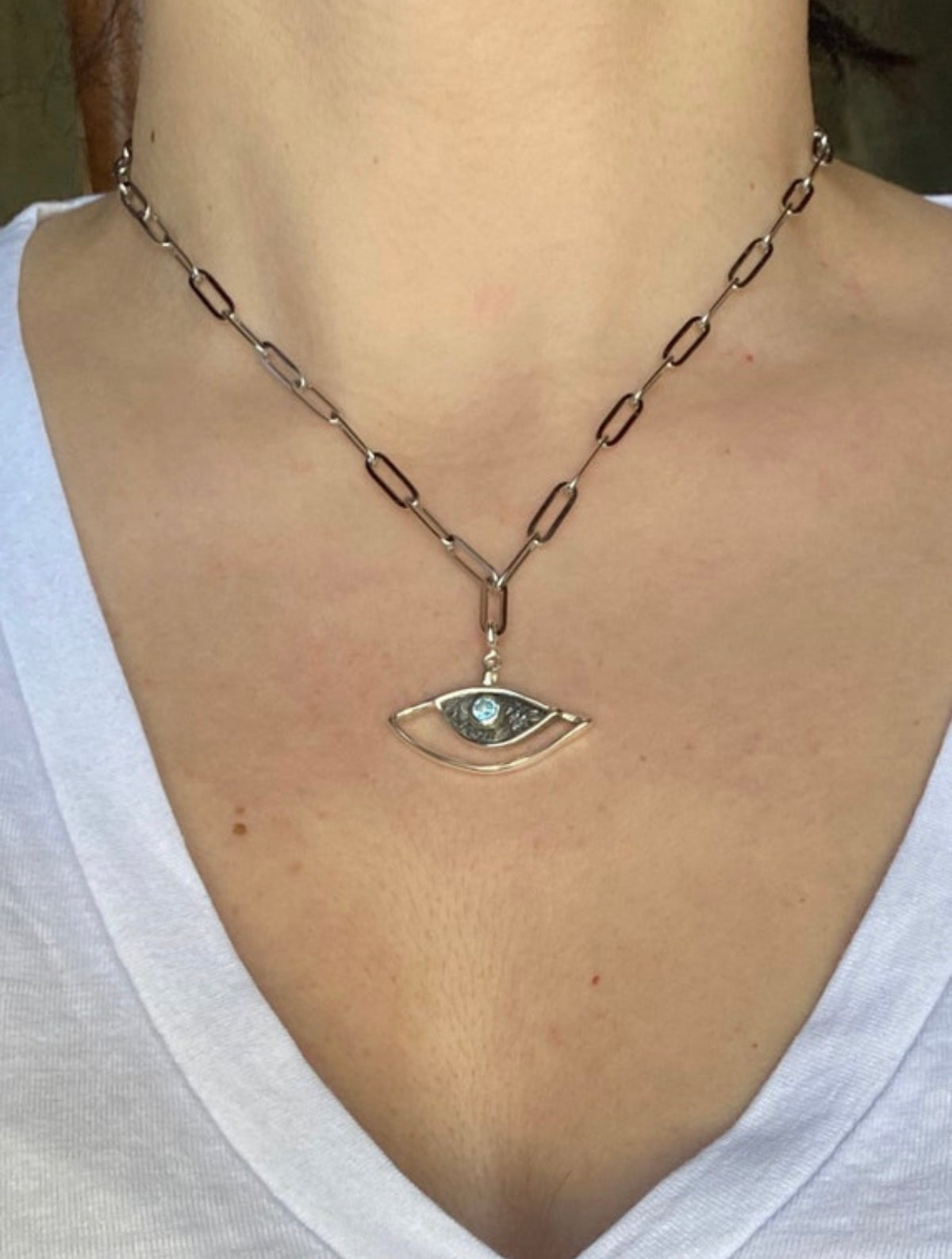 evil eye necklace with paperclip chain