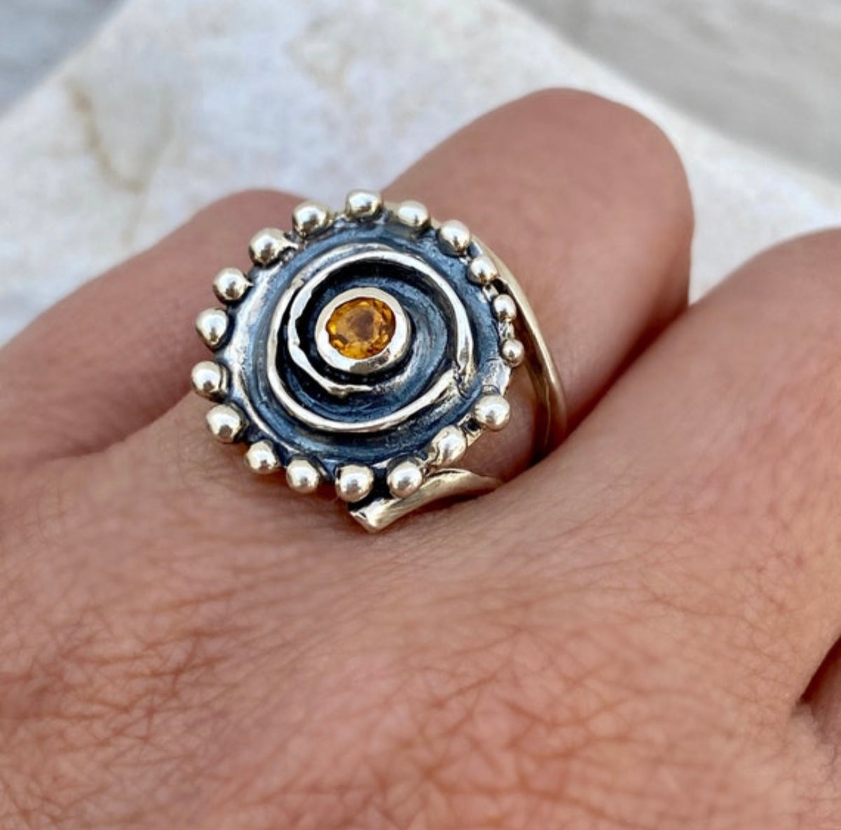 citrine silver statement ring, silver swirl ring