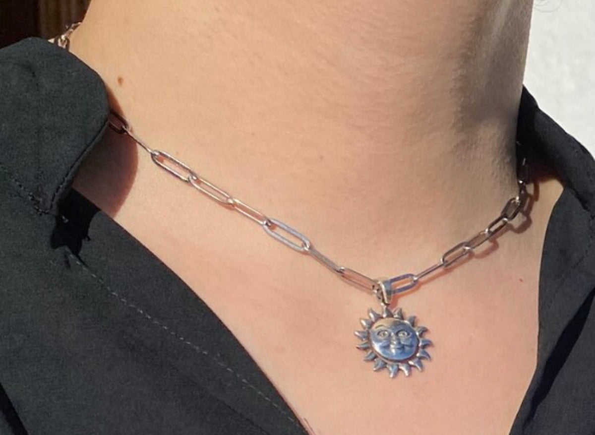 sun necklace silver with paperclip chain