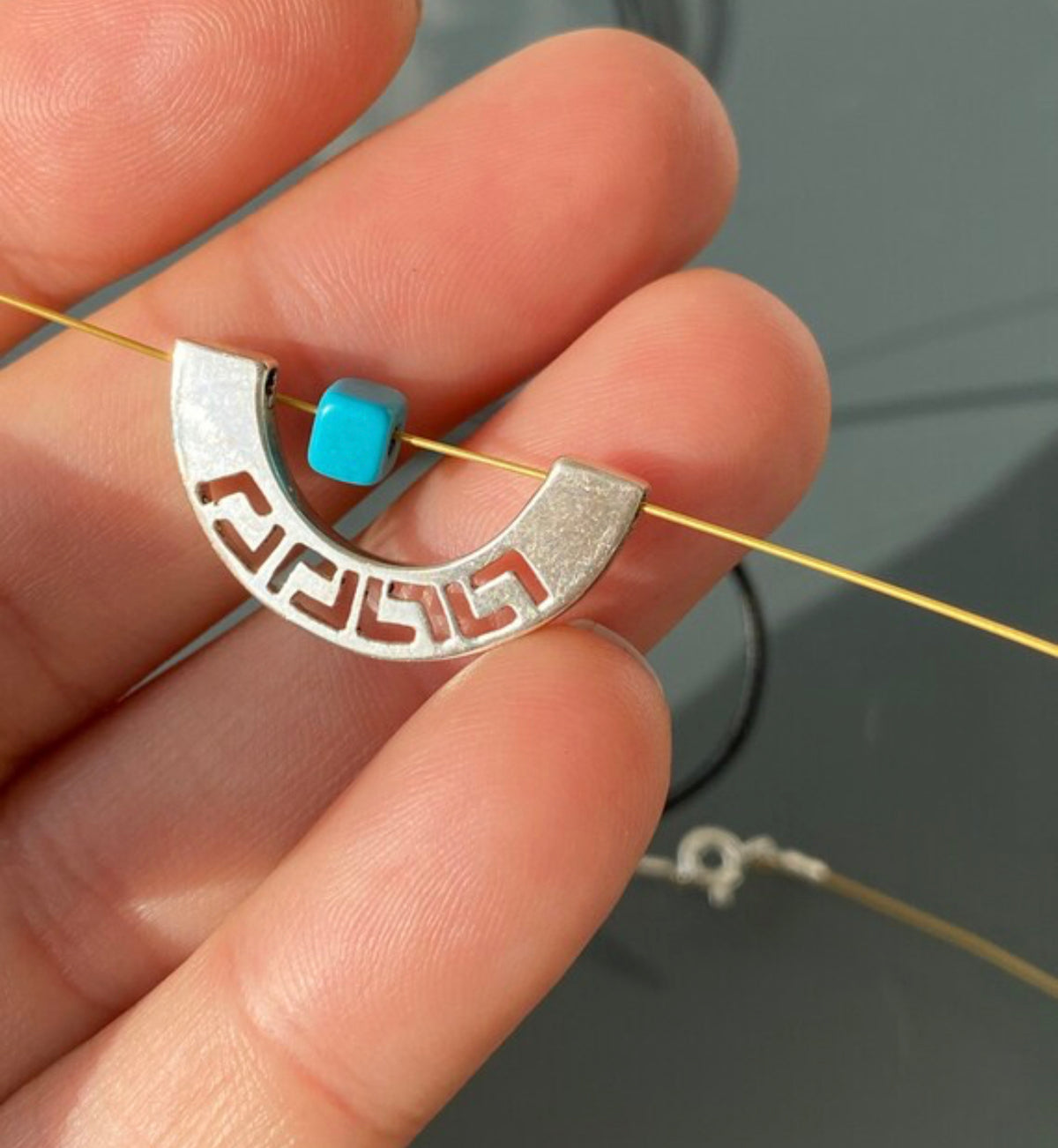 greek key with turquoise and wire necklace