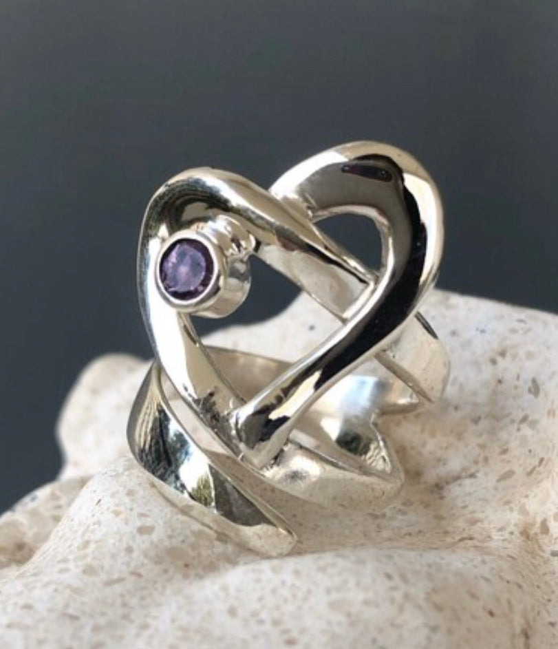 Heart ring silver adjustable with amethyst gemstone