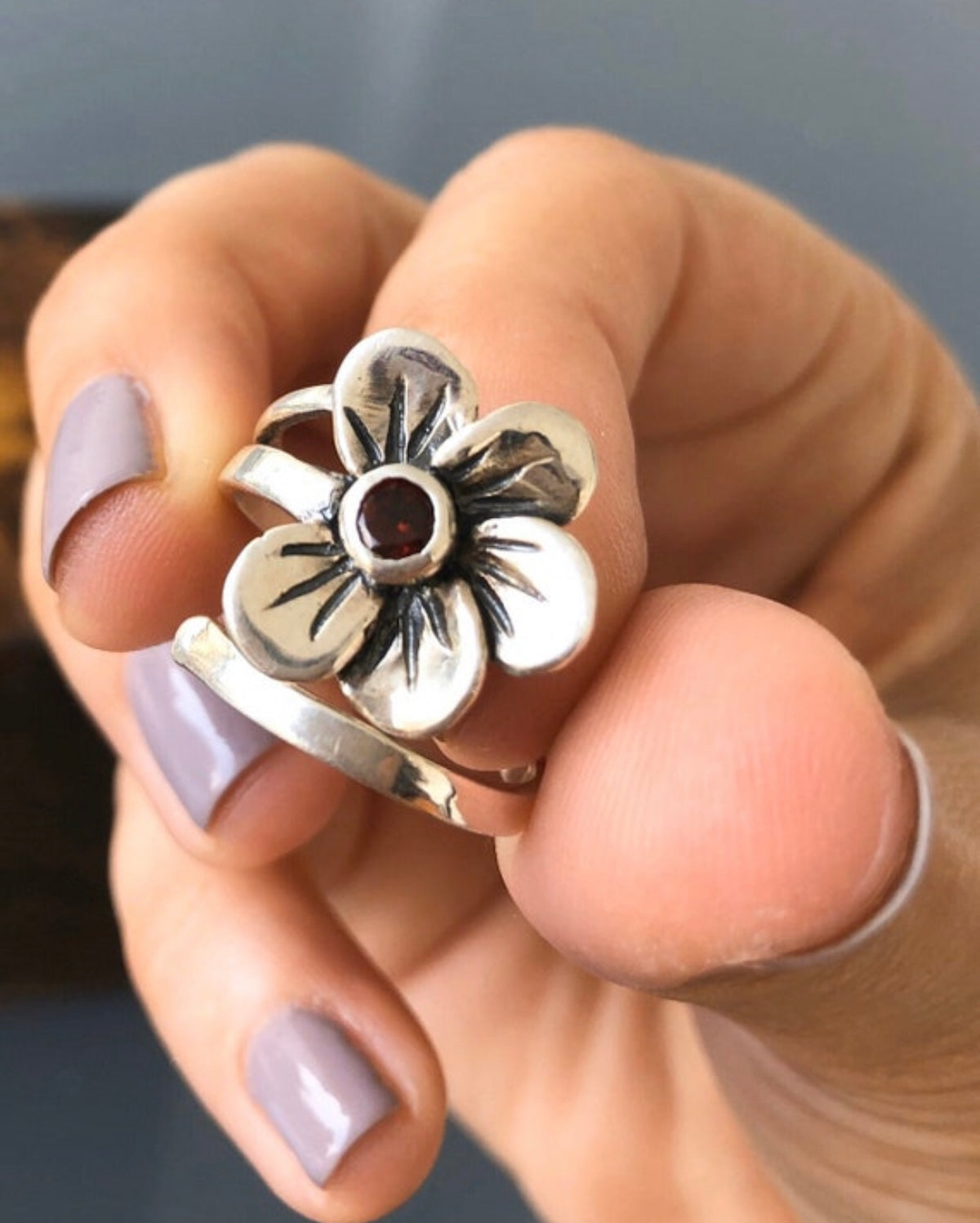 flower ring silver with a garnet gemstone, silver garnet ring