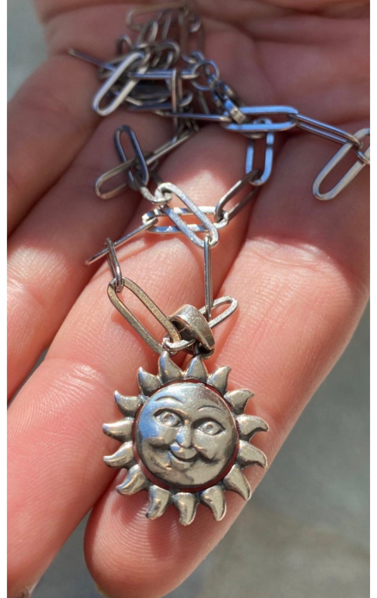 Sterling silver smiling sun paperclip chain