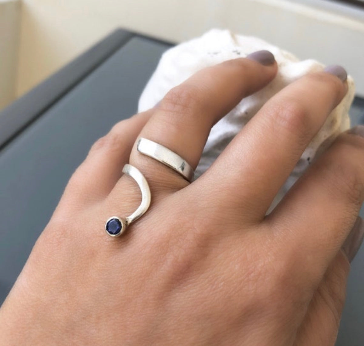 iolite ring silver open adjustable ring