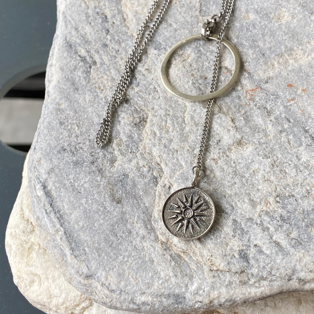 Lariat necklace silver circle with Macedonian star greek necklace