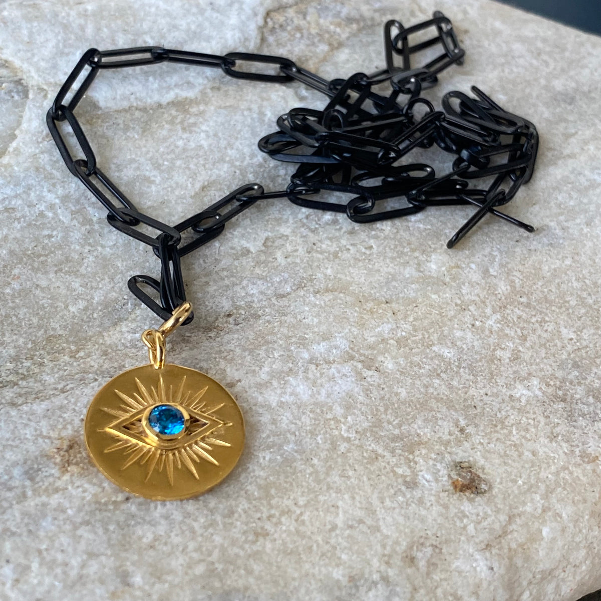 Evil eye necklace gold with black stainless steel paperclip chain