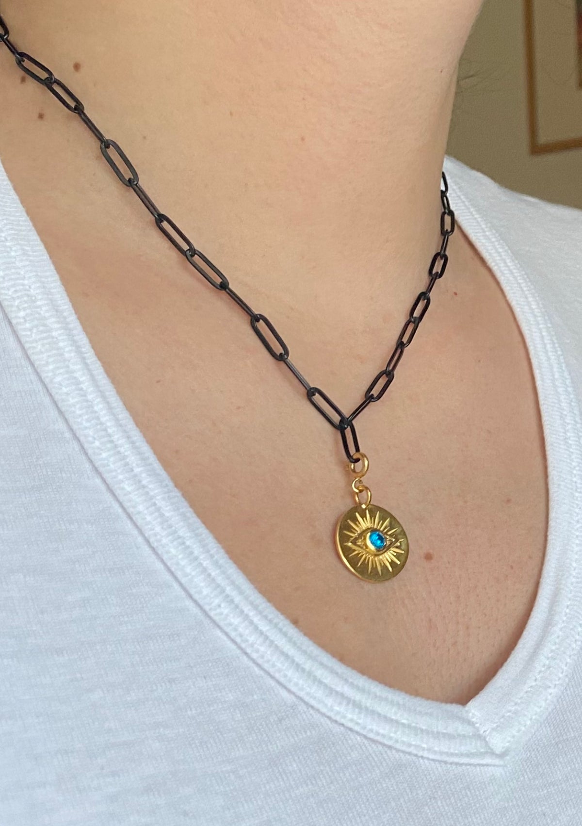 evil eye coin necklace with paperclip chain