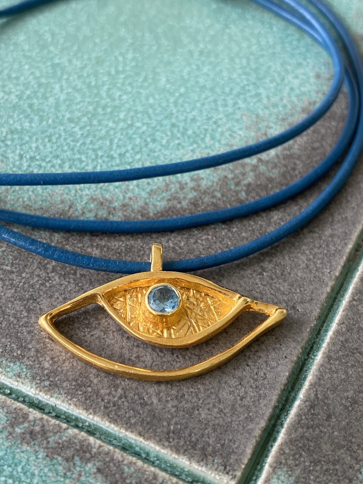 Evil eye pendant gold, sterling silver blue topaz gemstone evil eye 
