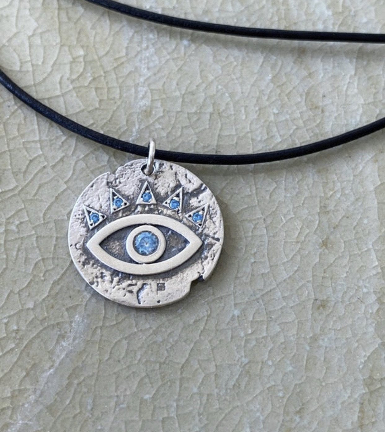 Evil eye necklace coin, evil eye with blue gemstones 