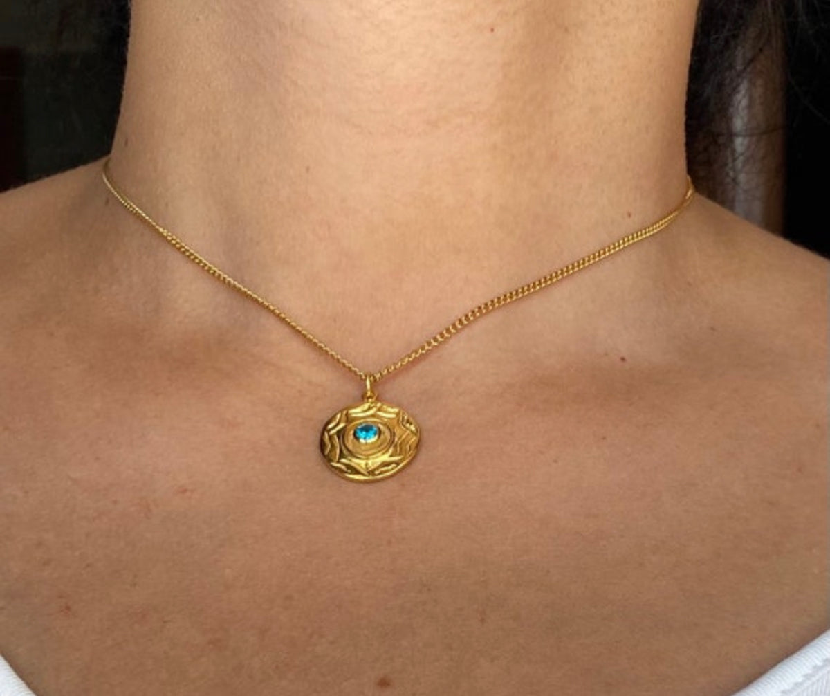 Evil eye necklace gold coin with blue gemstone