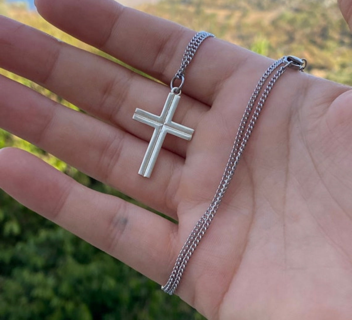 Silver cross necklace with stainless steel chain