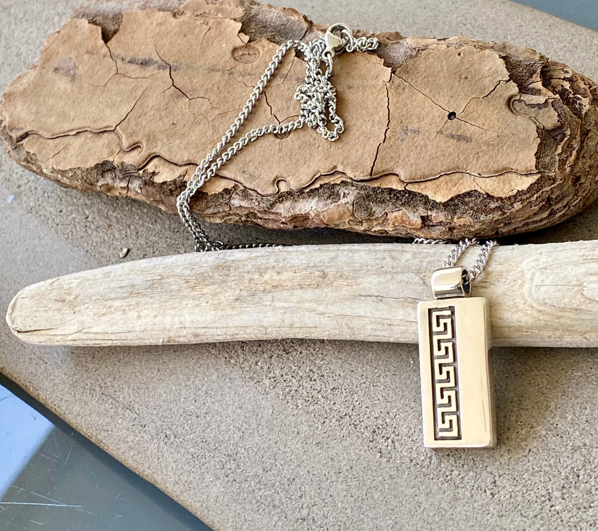 silver greek key necklace minimal