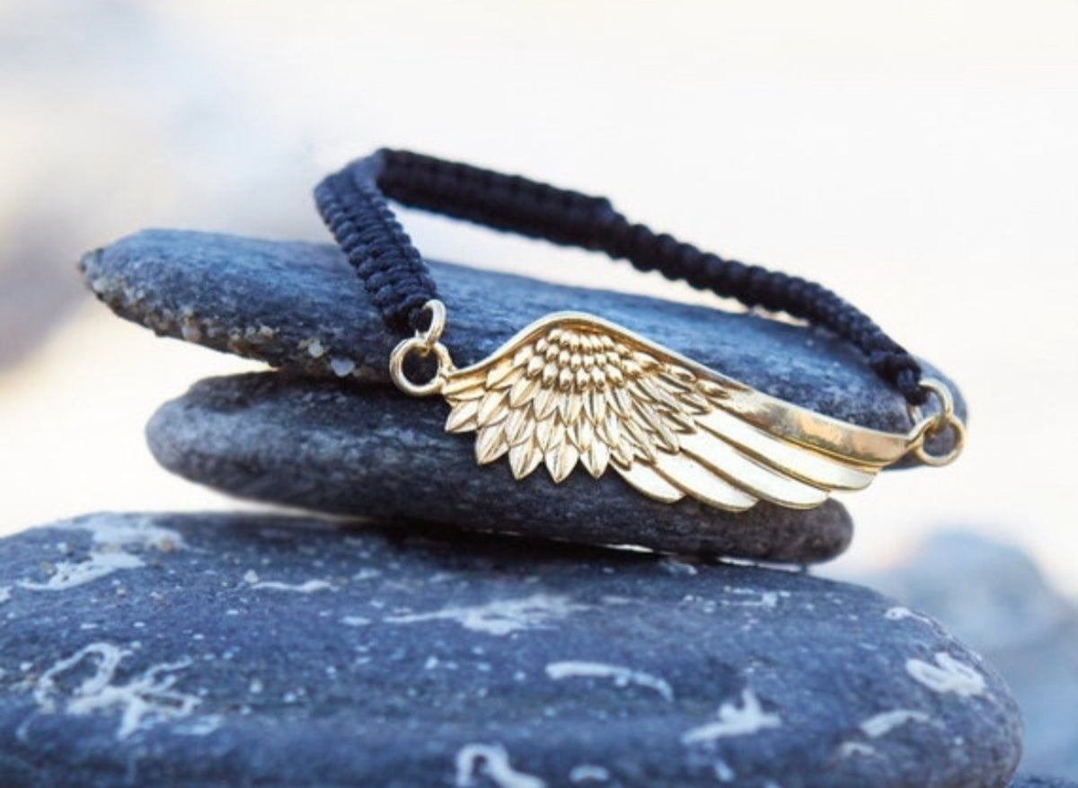 angel wing bracelet gold, black macrame bracelet adjustable