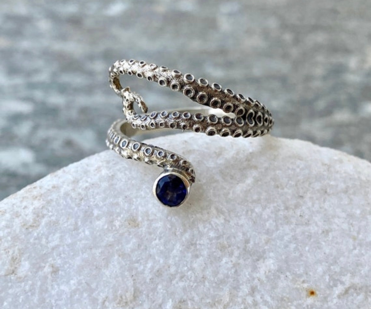 octopus ring iolite gemstone tentacle silver ring