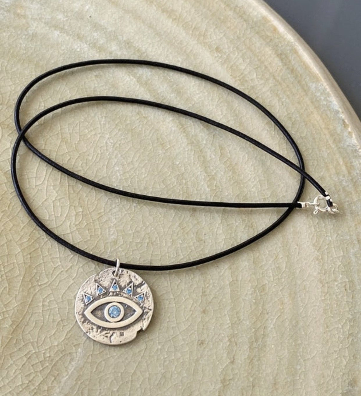 Evil eye necklace coin, evil eye with blue gemstones 