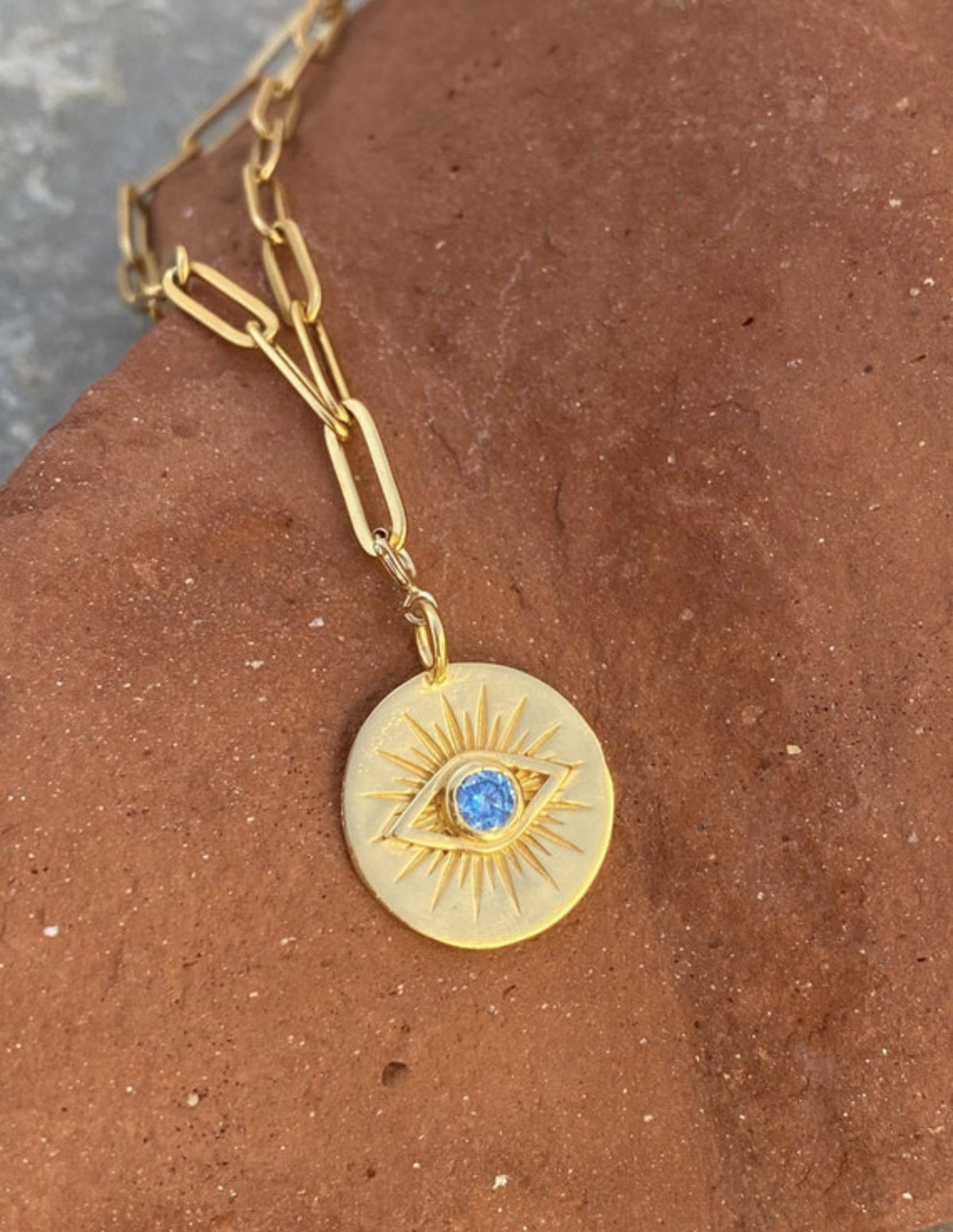 Evil eye necklace gold with stainless steel paperclip chain