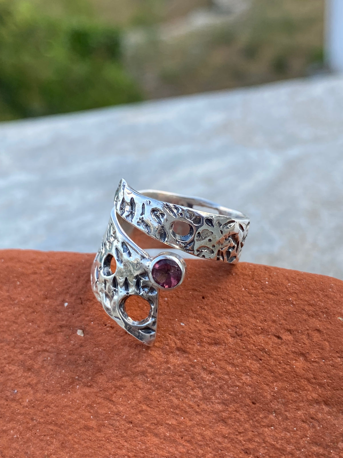 wide silver ring adjustable pink tourmaline