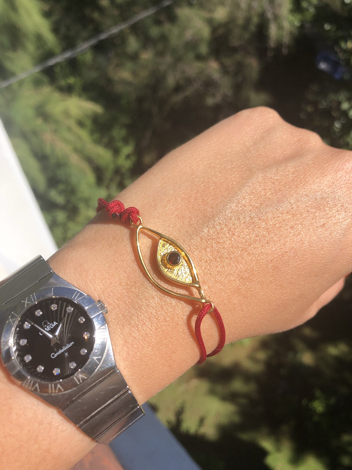 Evil eye bracelet red gold, garnet evil eye bracelet with red nylon cord 