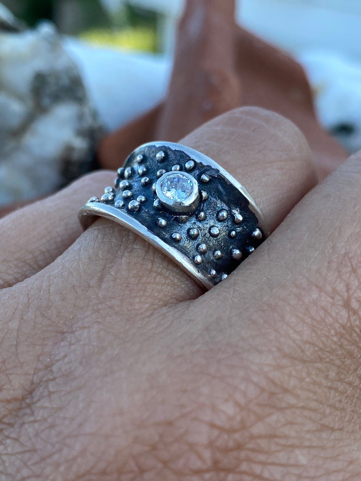 starry night black and silver ring with zircon