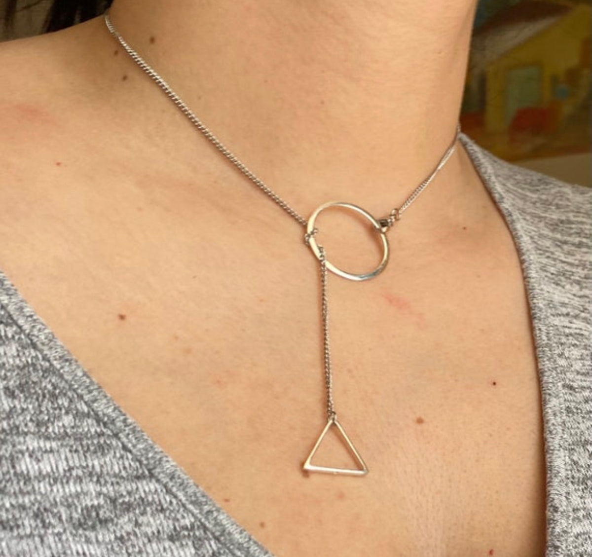 Circle and triangle Lariat y necklace silver
