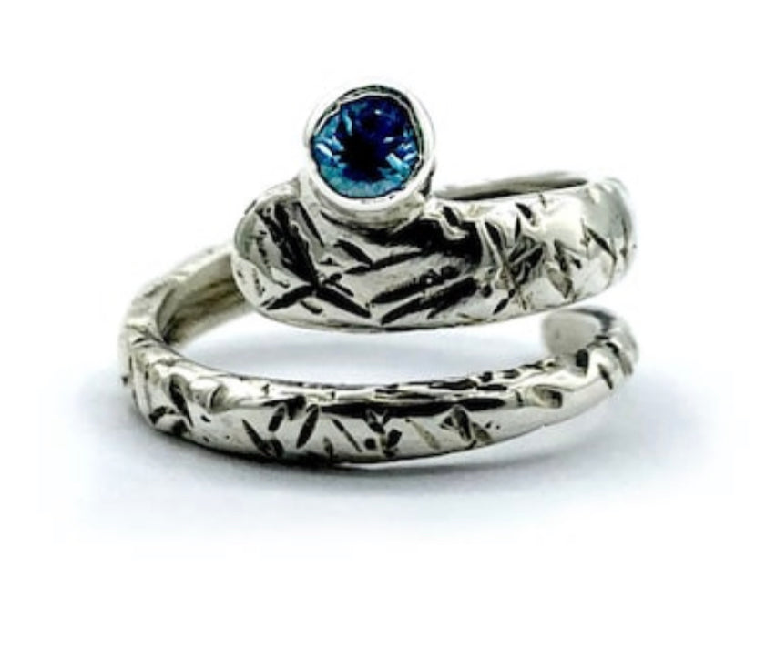 silver spiral ring, blue topaz ring